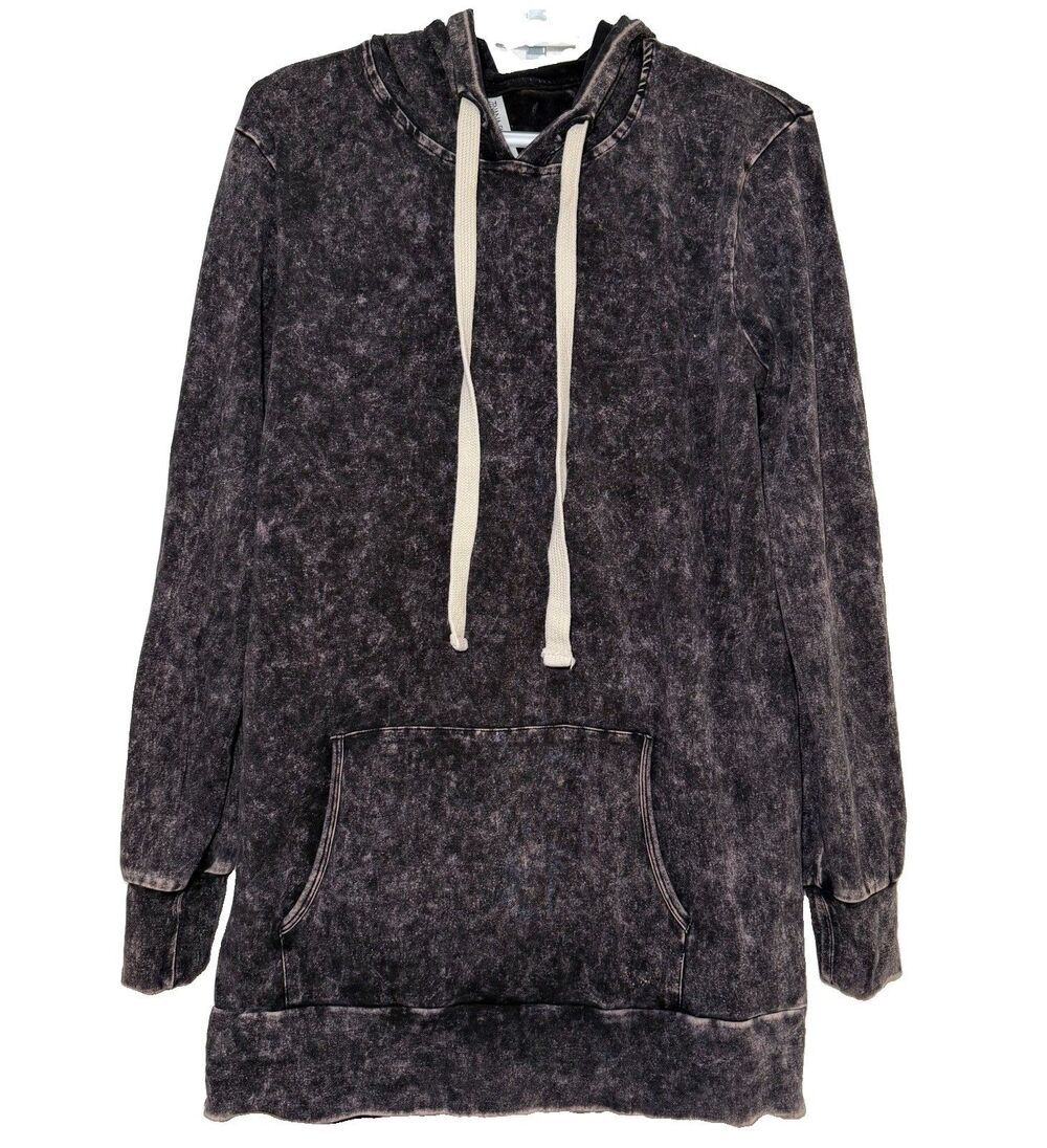 Zenana Signature S Mineral Wash Hoodie Tunic Pullover Black Gray Kangaroo Pocket